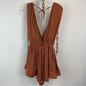 Free People Bae Romper Rust Silky Satin‎ Deep Vneck Women's Sz. XS